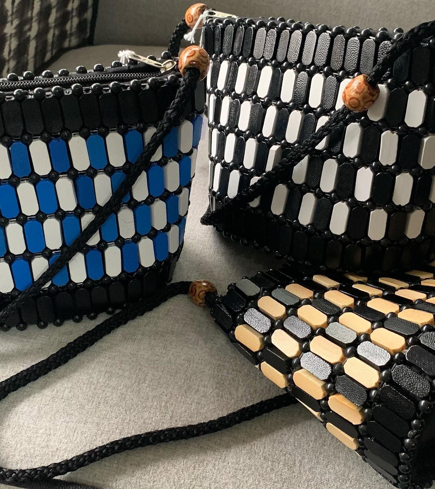 Beaded bags in black, white and blue